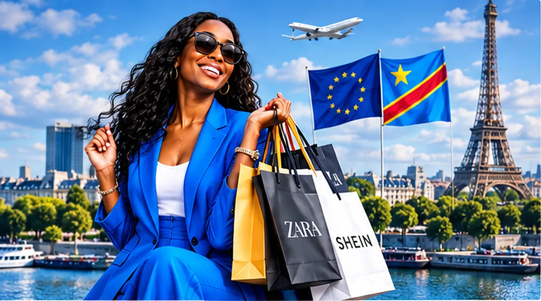 Cliente avec ses achats à Paris, drapeaux européen et congolais